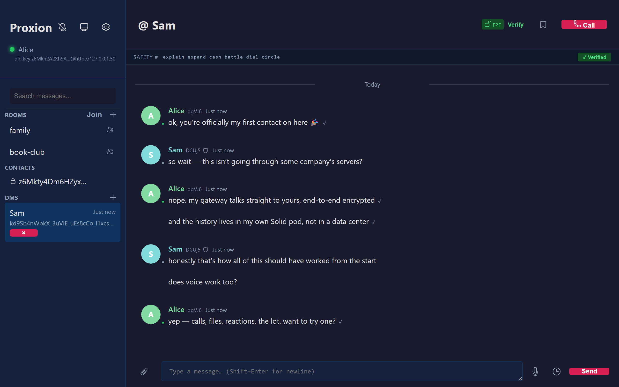 Proxion desktop app: an end-to-end encrypted, verified conversation between Alice and Sam, with rooms and contacts in the sidebar.